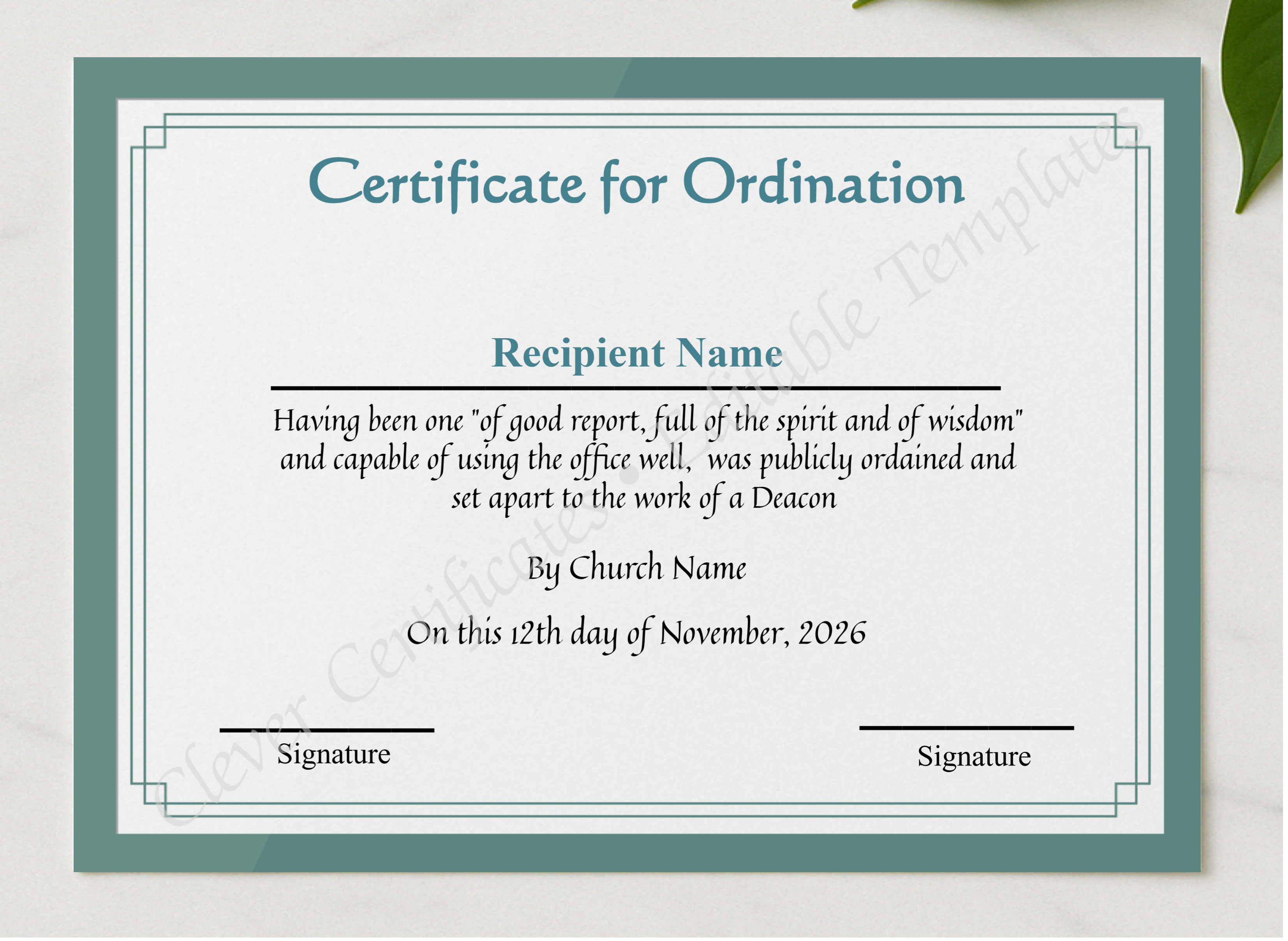 Editable Deacon Ordination Certificate Template  presented in a sleek wooden frame, elegantly arranged on a stylish table.
