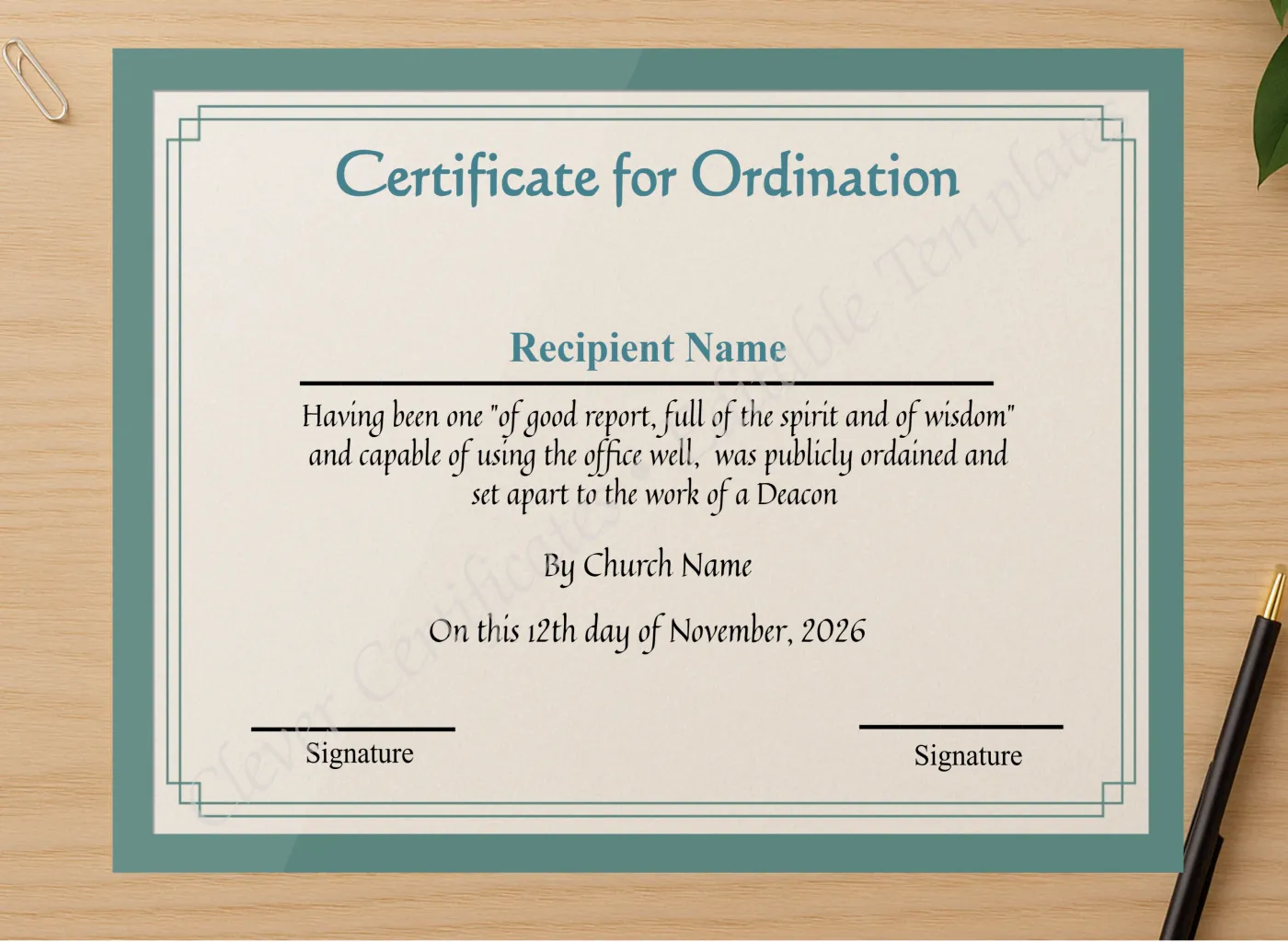Professional preview of Editable Deacon Ordination Certificate Template  certificate on high-quality stationery paper, ideal for showcasing the final look.
