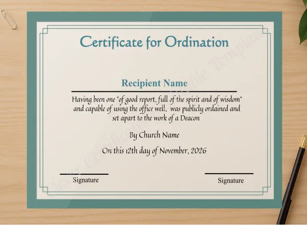 Professional preview of Editable Deacon Ordination Certificate Template  certificate on high-quality stationery paper, ideal for showcasing the final look.