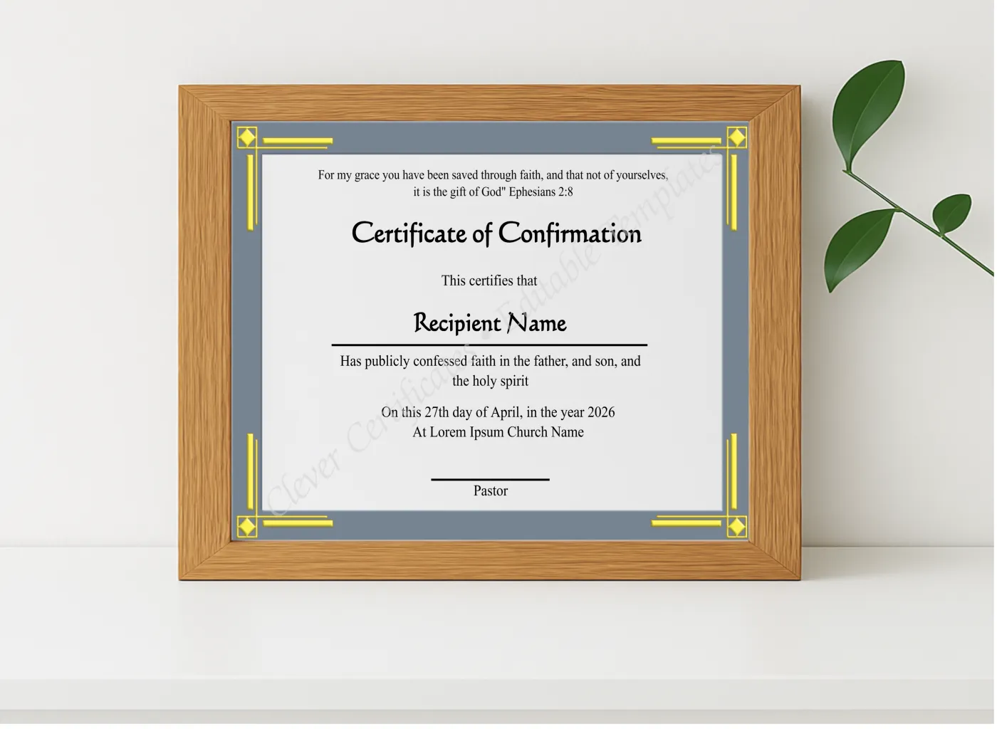 Realistic mockup featuring Editable Confirmation Certificate displayed within a modern frame, set against a minimalistic background.