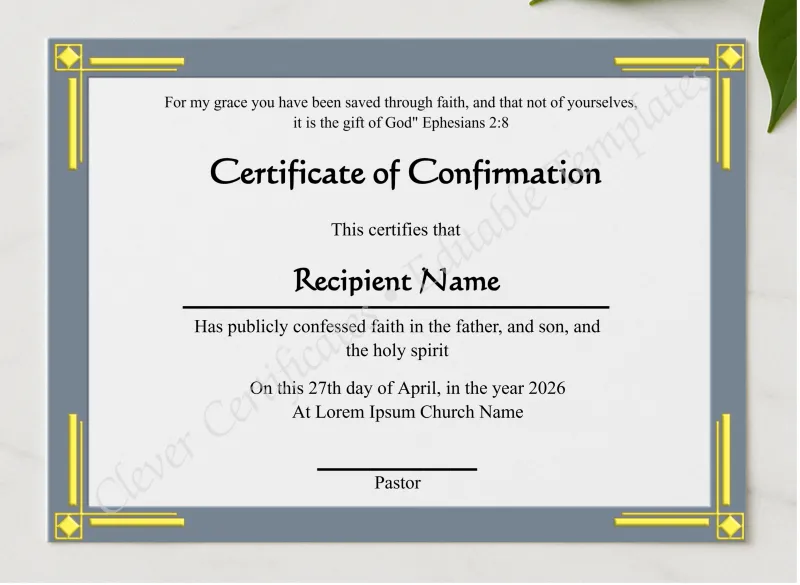 Editable Confirmation Certificate  presented in a sleek wooden frame, elegantly arranged on a stylish table.