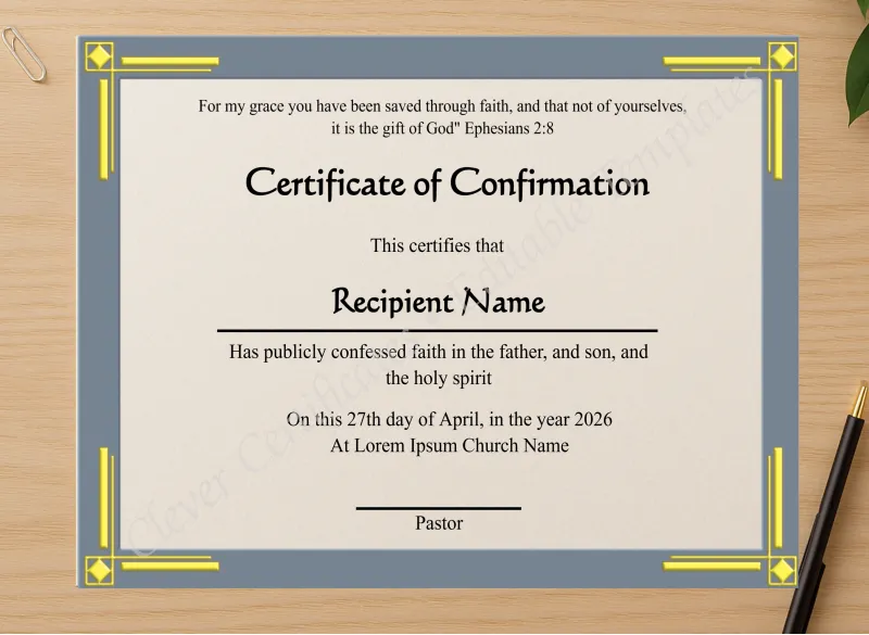 Professional preview of Editable Confirmation Certificate  certificate on high-quality stationery paper, ideal for showcasing the final look.
