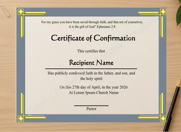 Professional preview of Editable Confirmation Certificate  certificate on high-quality stationery paper, ideal for showcasing the final look.
