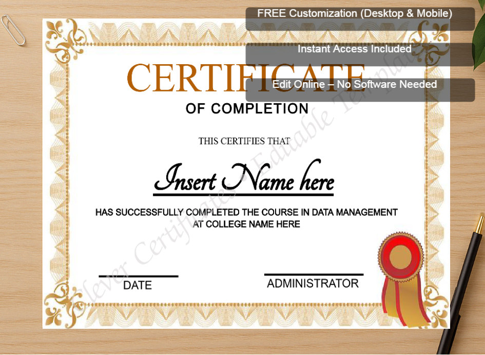 Zoomed preview with Free Editor badge stack for Completion Designs