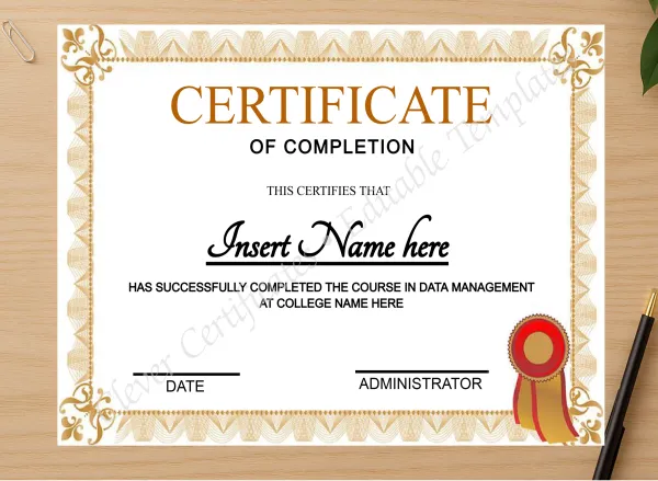 Professional preview of Completion Designs certificate on high-quality stationery paper, ideal for showcasing the final look.