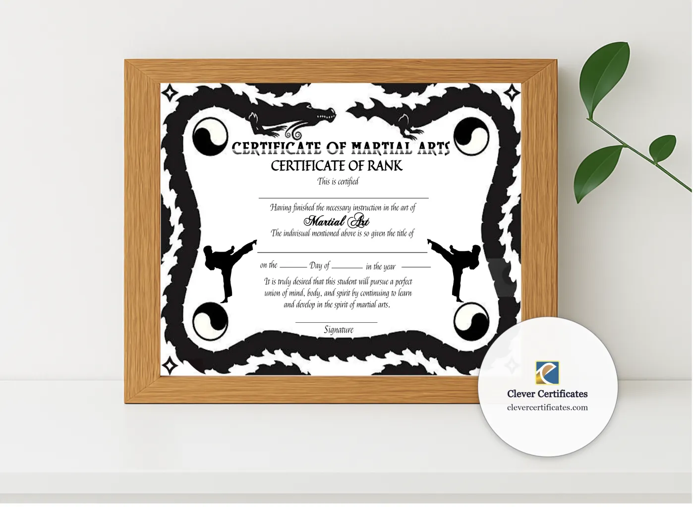 Realistic mockup featuring Printable Martial Arts Rank Certificate displayed within a modern frame, set against a minimalistic background.