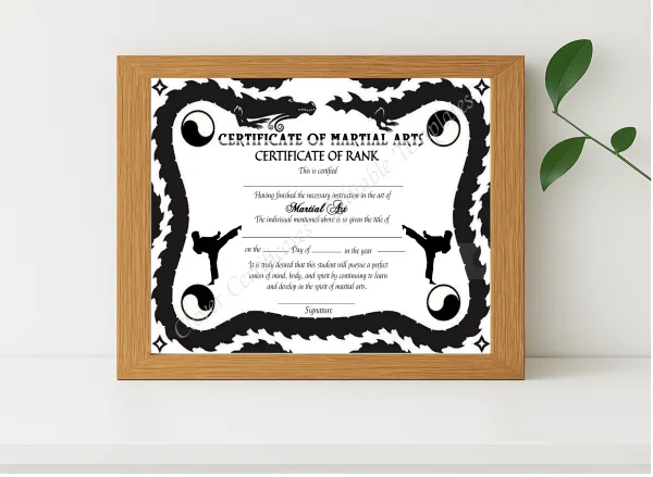 Realistic mockup featuring Printable Martial Arts Rank Certificate displayed within a modern frame, set against a minimalistic background.