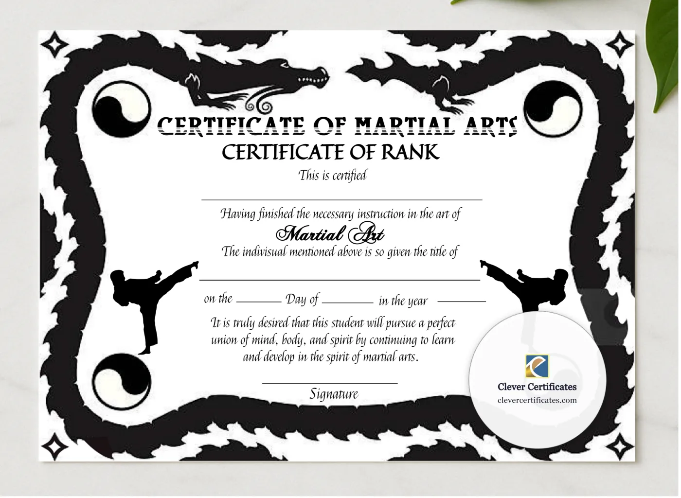 Printable Martial Arts Rank Certificate presented in a sleek wooden frame, elegantly arranged on a stylish table.