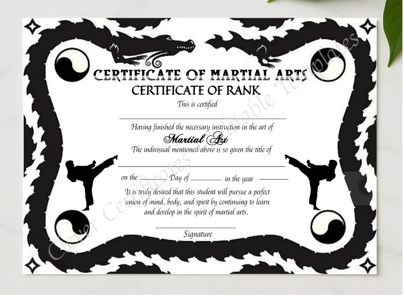 Printable Martial Arts Rank Certificate presented in a sleek wooden frame, elegantly arranged on a stylish table.