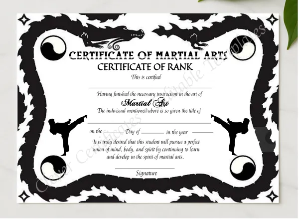Printable Martial Arts Rank Certificate presented in a sleek wooden frame, elegantly arranged on a stylish table.
