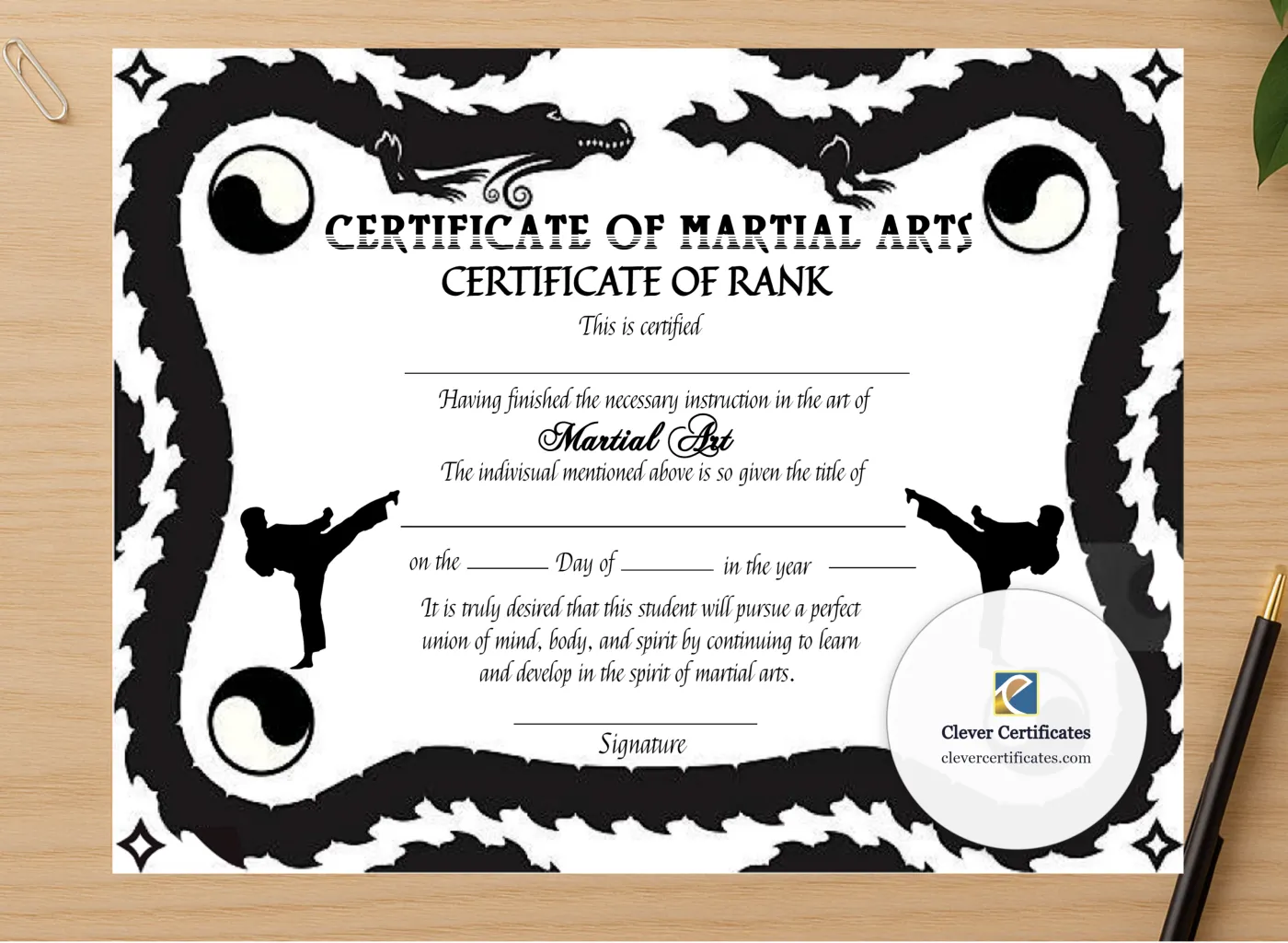 Professional preview of Printable Martial Arts Rank Certificate certificate on high-quality stationery paper, ideal for showcasing the final look.