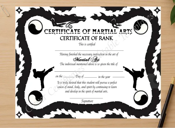 Professional preview of Printable Martial Arts Rank Certificate certificate on high-quality stationery paper, ideal for showcasing the final look.