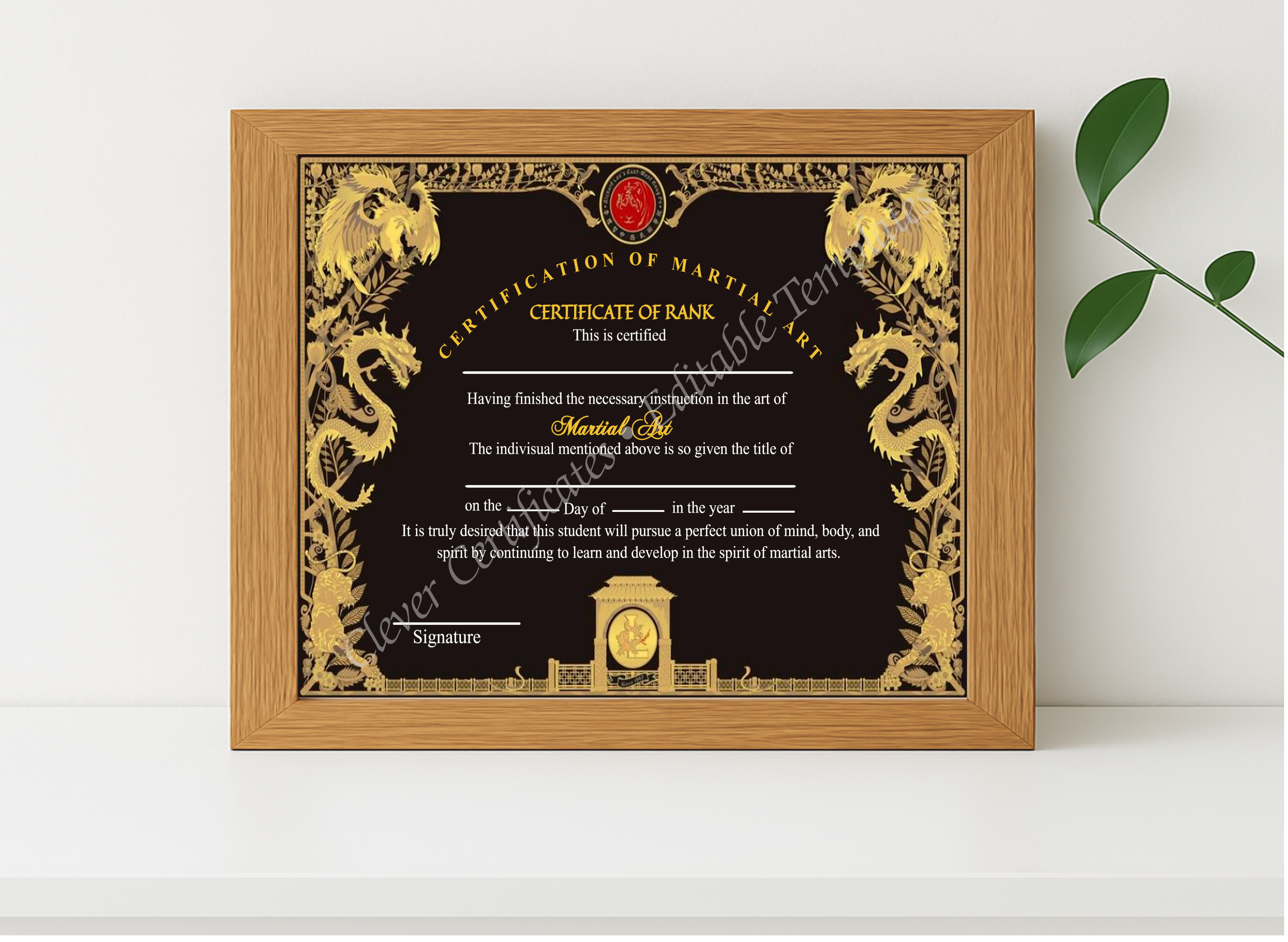 Realistic mockup featuring Editable Certificate Of Martial Arts displayed within a modern frame, set against a minimalistic background.
