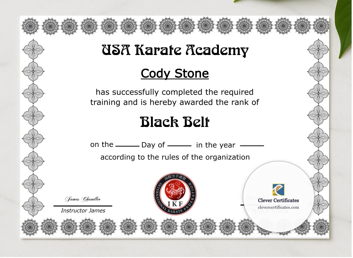 Editable Certificate Of Martial Arts presented in a sleek wooden frame, elegantly arranged on a stylish table.