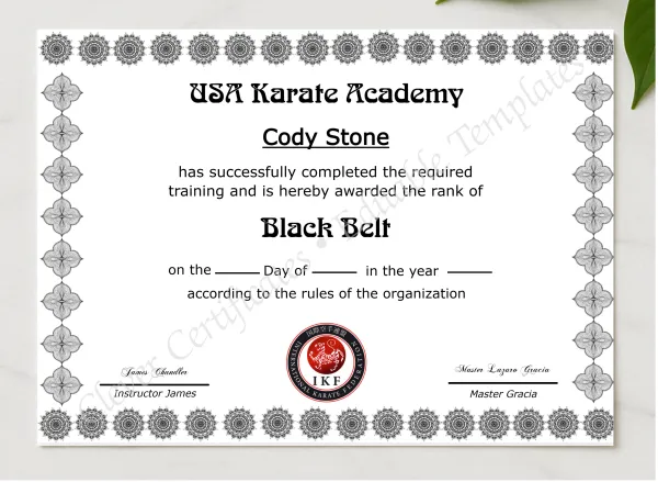 Editable Certificate Of Martial Arts presented in a sleek wooden frame, elegantly arranged on a stylish table.