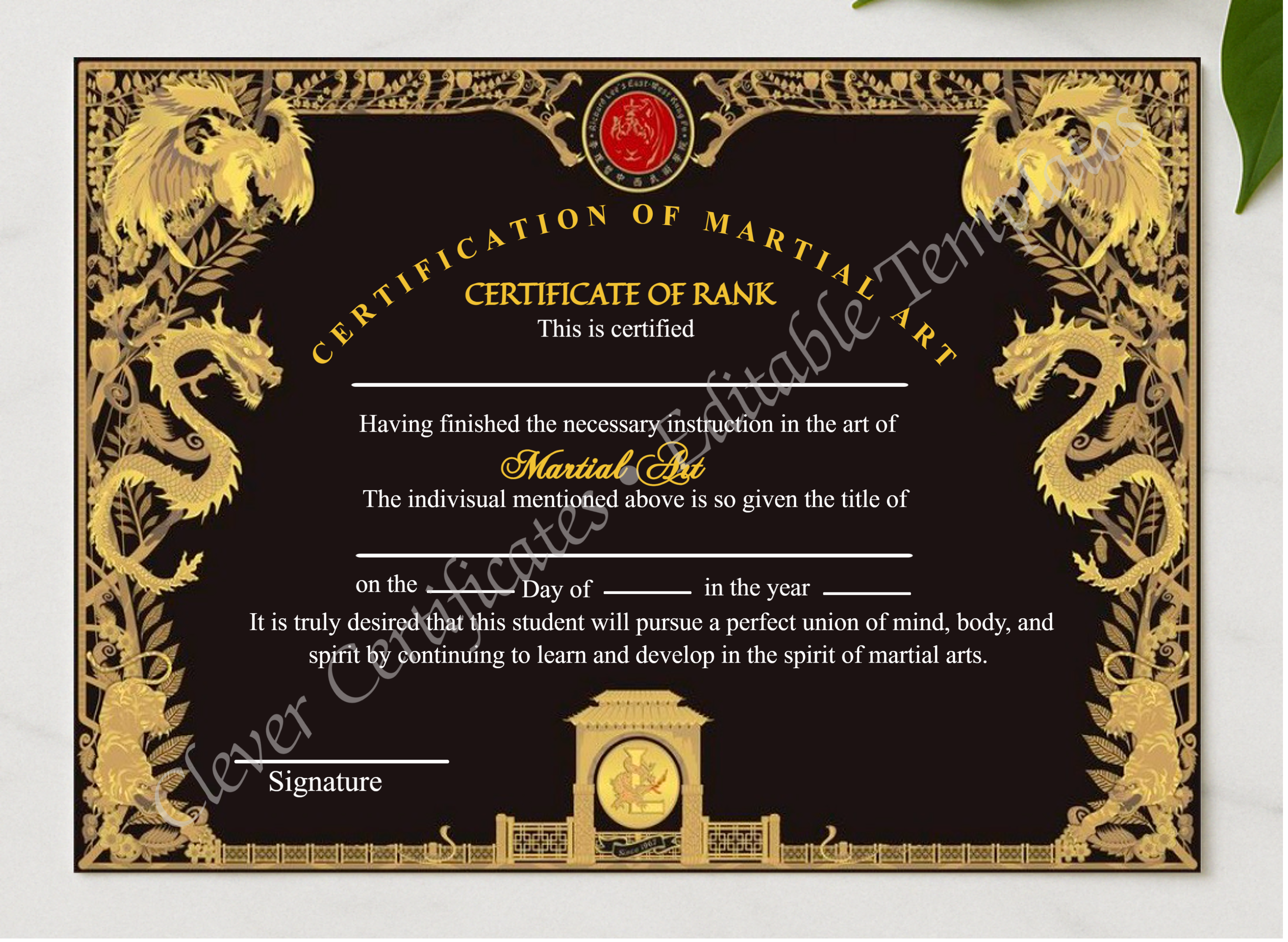 Editable Certificate Of Martial Arts presented in a sleek wooden frame, elegantly arranged on a stylish table.