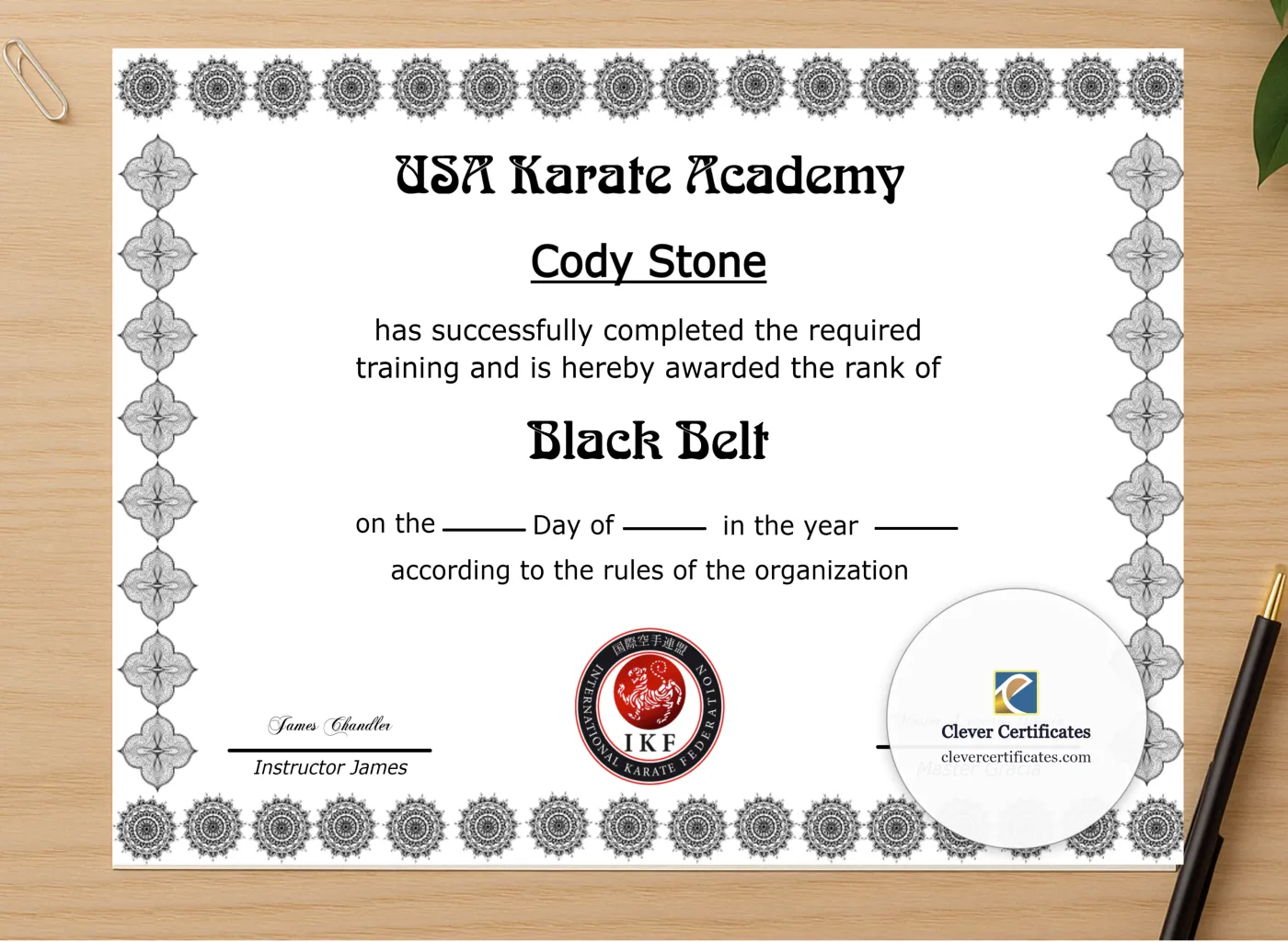 Professional preview of Editable Certificate Of Martial Arts certificate on high-quality stationery paper, ideal for showcasing the final look.