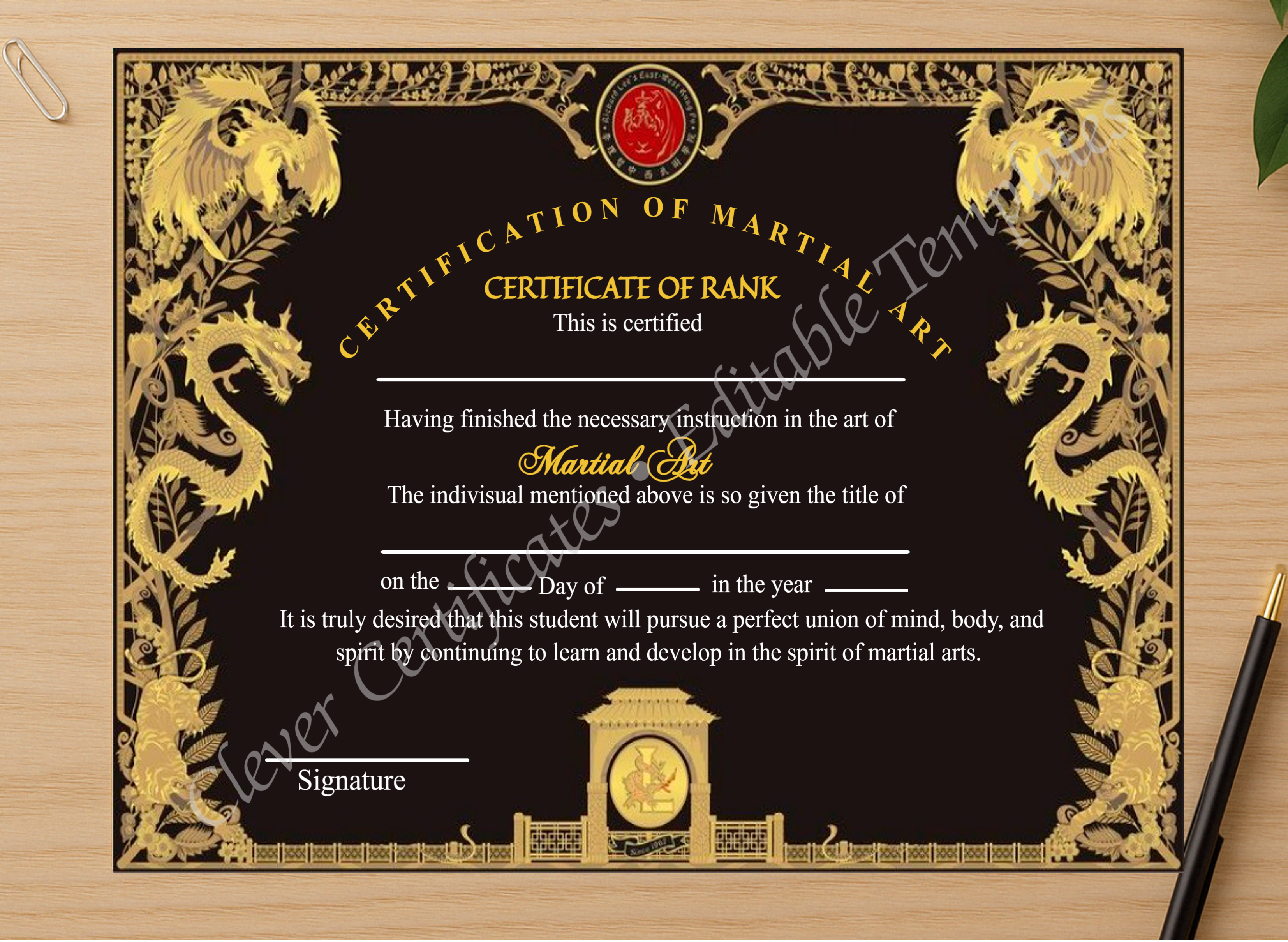 Professional preview of Editable Certificate Of Martial Arts certificate on high-quality stationery paper, ideal for showcasing the final look.