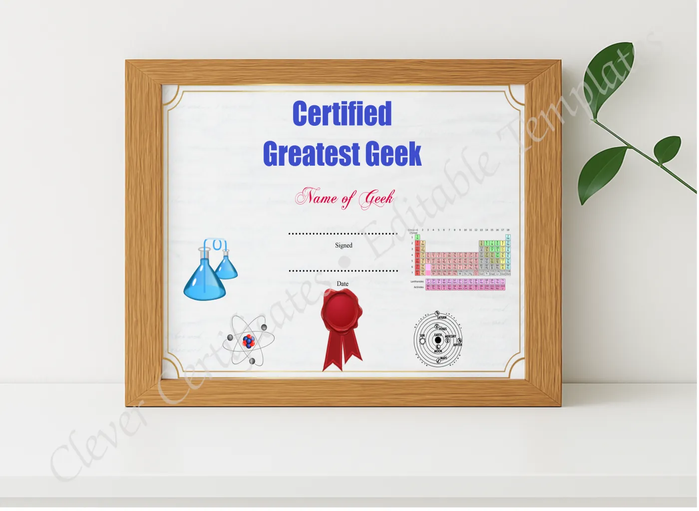 Realistic mockup featuring Greatest Geek Award displayed within a modern frame, set against a minimalistic background.
