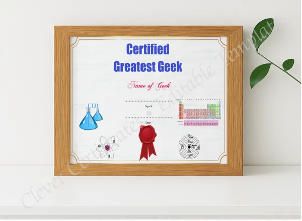 Realistic mockup featuring Greatest Geek Award displayed within a modern frame, set against a minimalistic background.