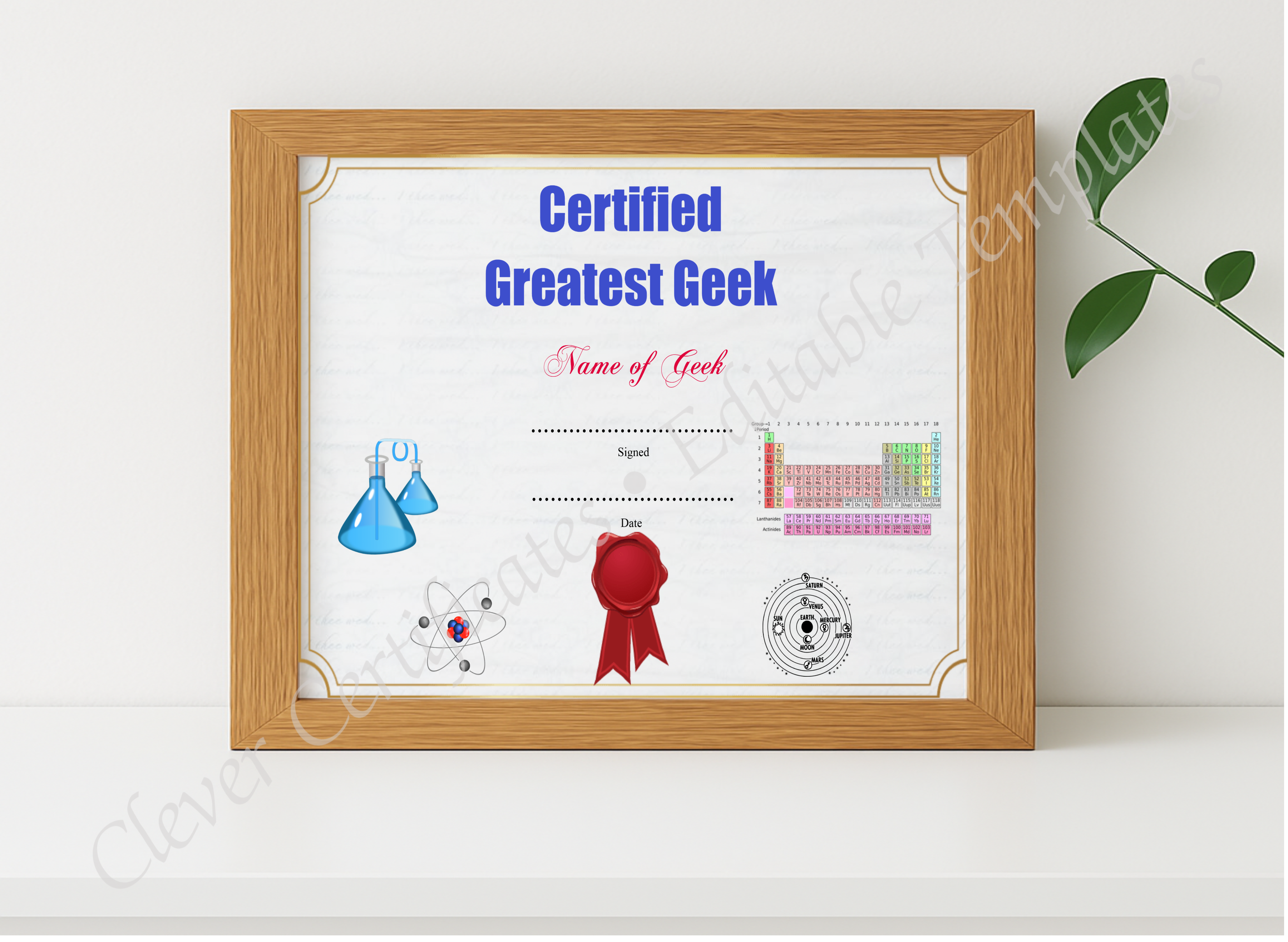 Realistic mockup featuring Greatest Geek Award displayed within a modern frame, set against a minimalistic background.