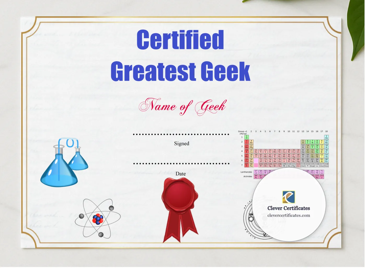 Greatest Geek Award presented in a sleek wooden frame, elegantly arranged on a stylish table.