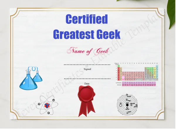 Greatest Geek Award presented in a sleek wooden frame, elegantly arranged on a stylish table.