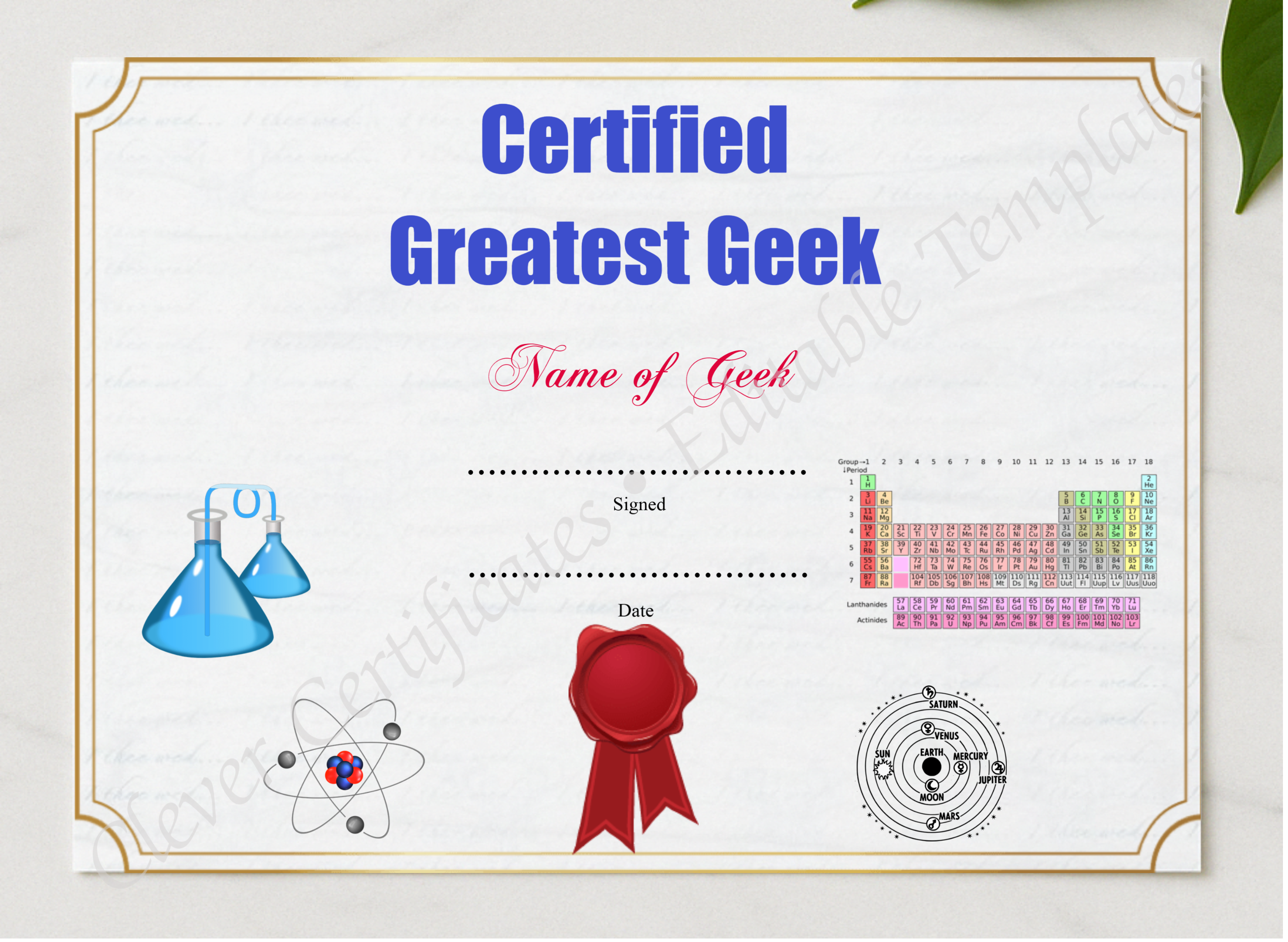 Greatest Geek Award presented in a sleek wooden frame, elegantly arranged on a stylish table.