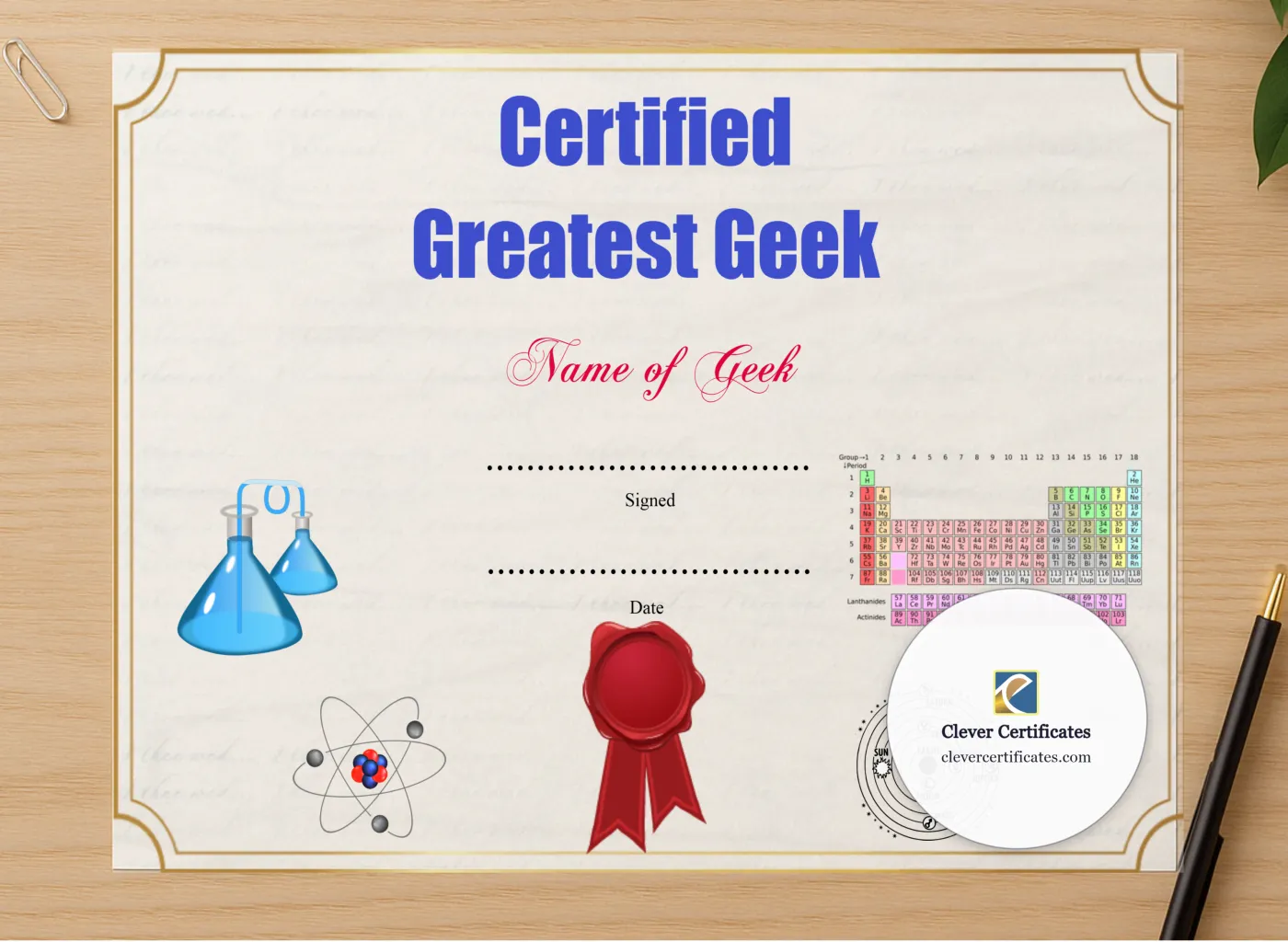 Professional preview of Greatest Geek Award certificate on high-quality stationery paper, ideal for showcasing the final look.