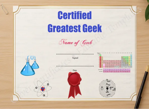 Professional preview of Greatest Geek Award certificate on high-quality stationery paper, ideal for showcasing the final look.