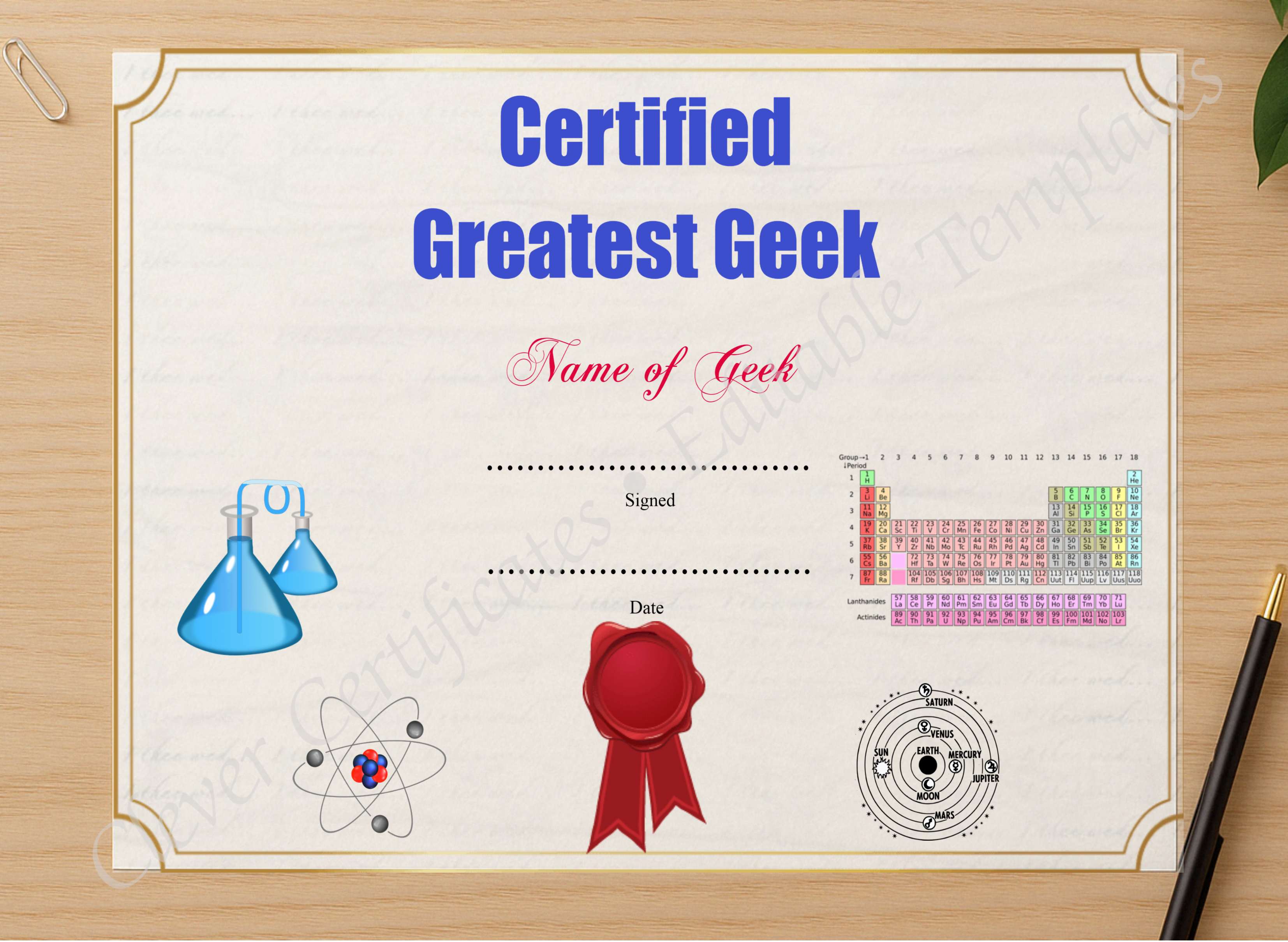 Professional preview of Greatest Geek Award certificate on high-quality stationery paper, ideal for showcasing the final look.