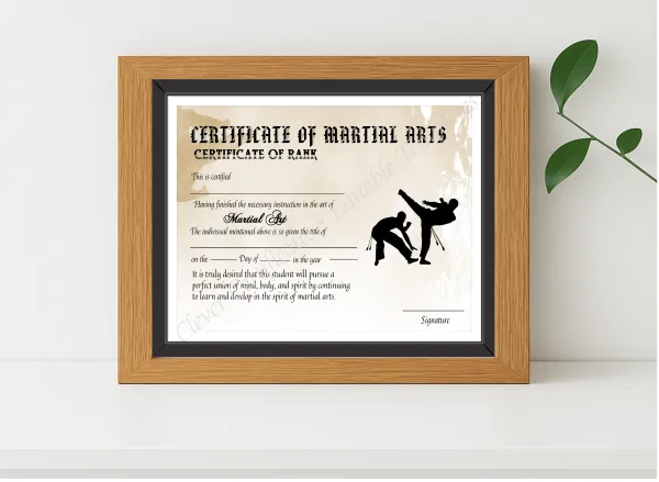 Realistic mockup featuring Editable Simple Certicate Of Matial Arts displayed within a modern frame, set against a minimalistic background.