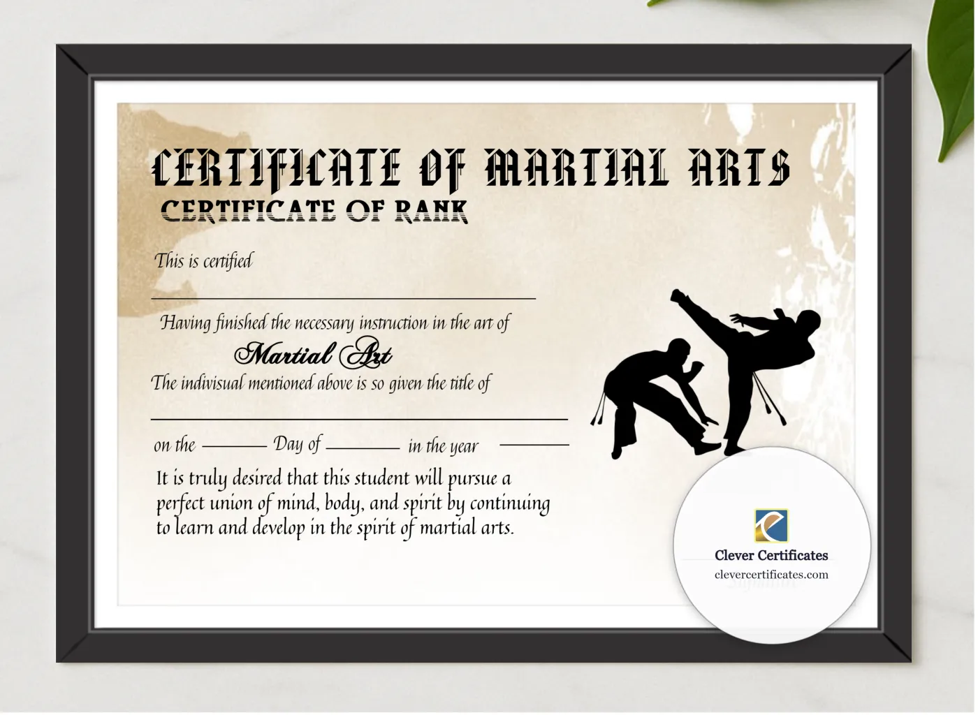 Editable Simple Certicate Of Matial Arts presented in a sleek wooden frame, elegantly arranged on a stylish table.