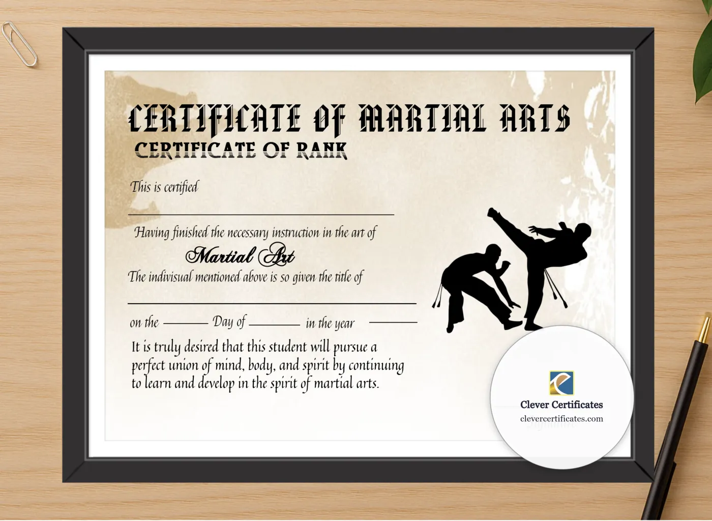 Professional preview of Editable Simple Certicate Of Matial Arts certificate on high-quality stationery paper, ideal for showcasing the final look.