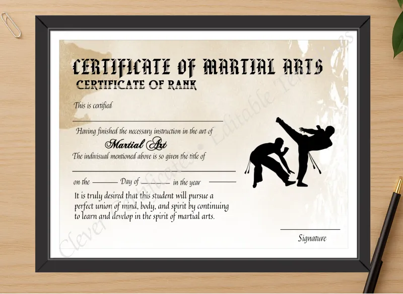 Professional preview of Editable Simple Certicate Of Matial Arts certificate on high-quality stationery paper, ideal for showcasing the final look.