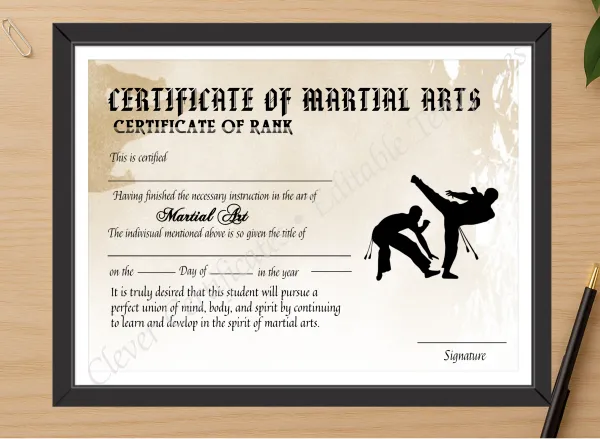 Professional preview of Editable Simple Certicate Of Matial Arts certificate on high-quality stationery paper, ideal for showcasing the final look.