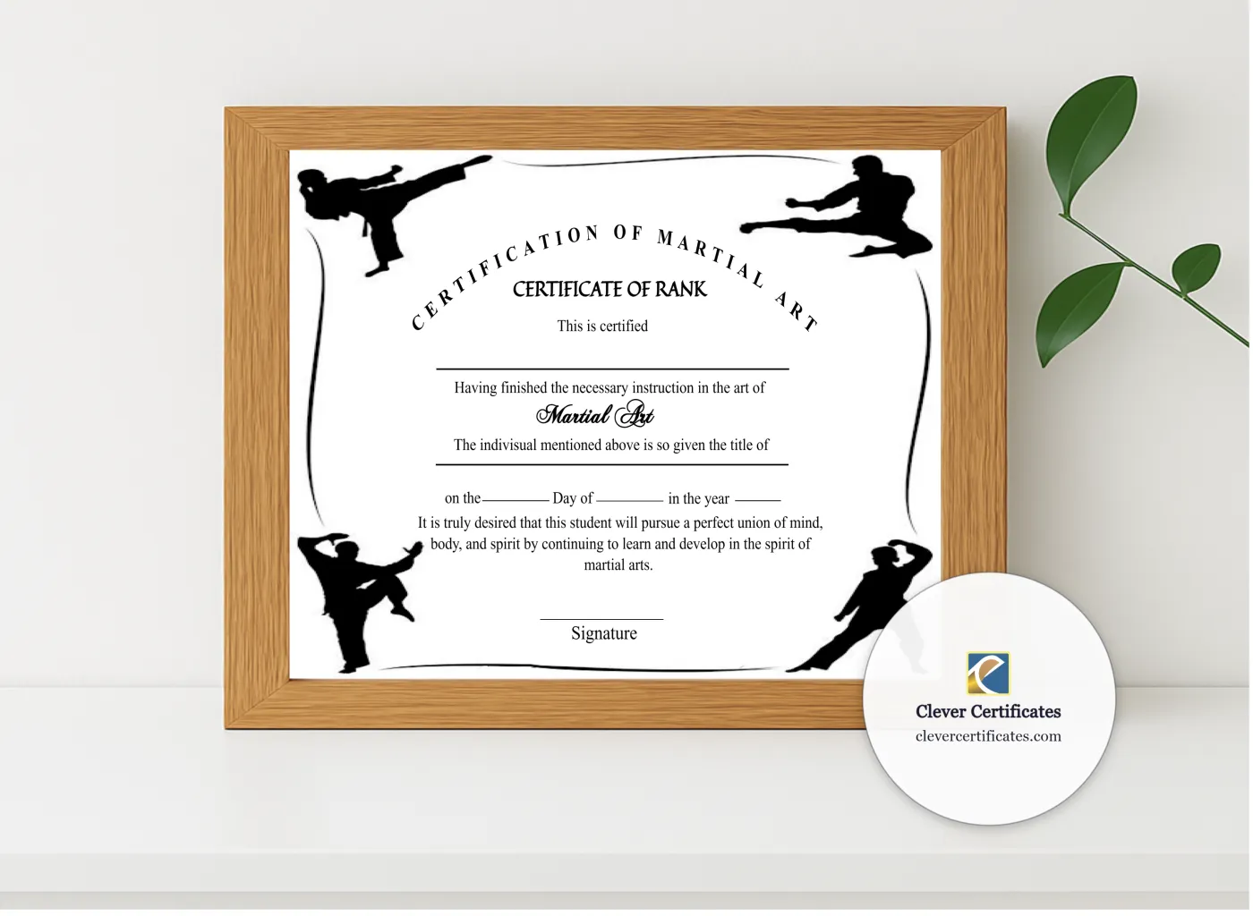 Realistic mockup featuring Printable Simple Martial Arts Certificate displayed within a modern frame, set against a minimalistic background.