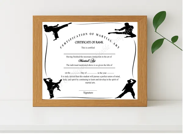 Realistic mockup featuring Printable Simple Martial Arts Certificate displayed within a modern frame, set against a minimalistic background.