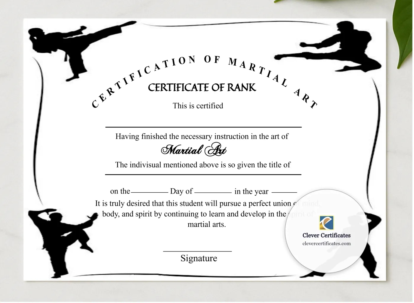 Printable Simple Martial Arts Certificate presented in a sleek wooden frame, elegantly arranged on a stylish table.