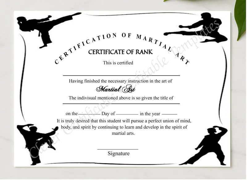 Printable Simple Martial Arts Certificate presented in a sleek wooden frame, elegantly arranged on a stylish table.
