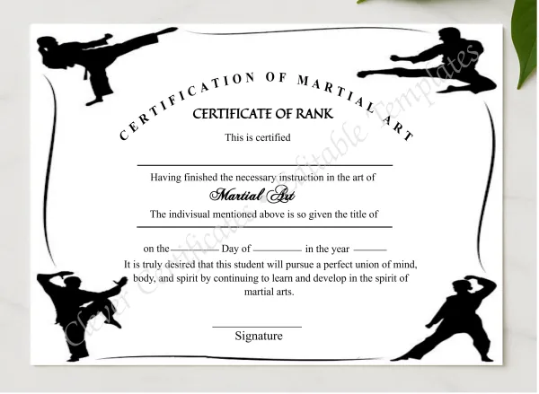 Printable Simple Martial Arts Certificate presented in a sleek wooden frame, elegantly arranged on a stylish table.