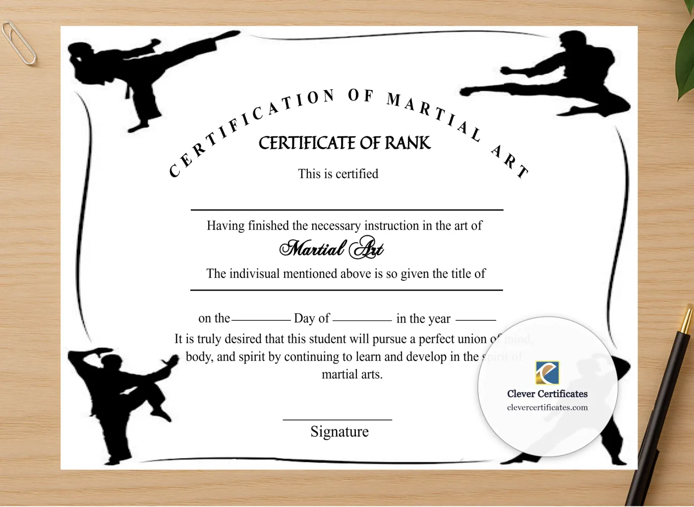 Professional preview of Printable Simple Martial Arts Certificate certificate on high-quality stationery paper, ideal for showcasing the final look.