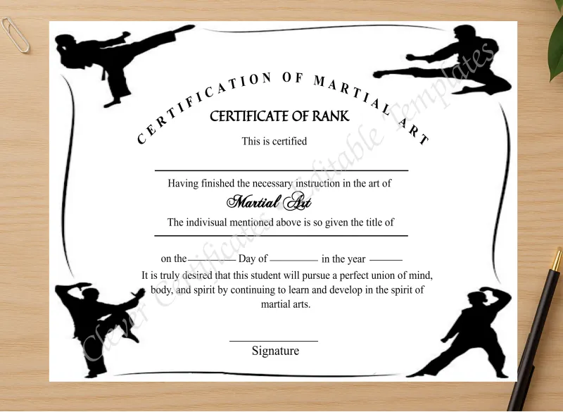 Professional preview of Printable Simple Martial Arts Certificate certificate on high-quality stationery paper, ideal for showcasing the final look.