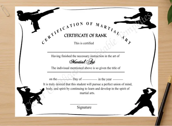Professional preview of Printable Simple Martial Arts Certificate certificate on high-quality stationery paper, ideal for showcasing the final look.
