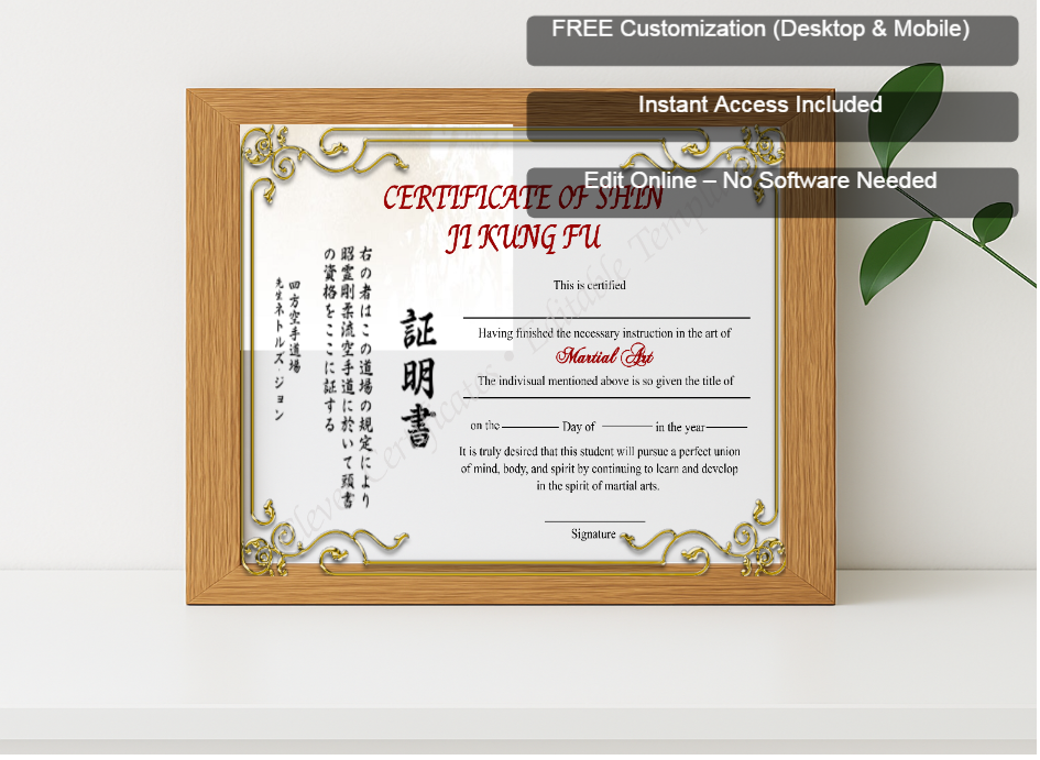 Premium mockup with Free Editor badge stack for Editable Shin Ji Kung Fu Certificate
