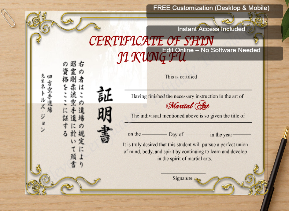 Zoomed preview with Free Editor badge stack for Editable Shin Ji Kung Fu Certificate