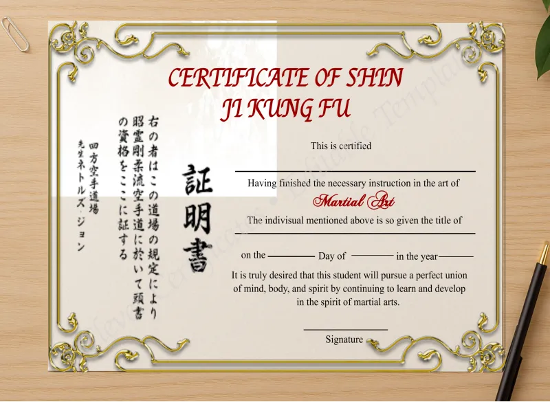 Professional preview of Editable Shin Ji Kung Fu Certificate certificate on high-quality stationery paper, ideal for showcasing the final look.
