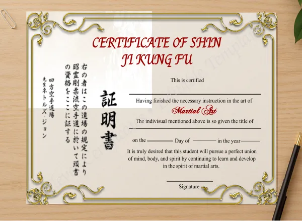 Professional preview of Editable Shin Ji Kung Fu Certificate certificate on high-quality stationery paper, ideal for showcasing the final look.