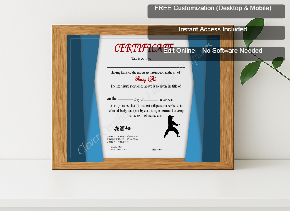 Premium mockup with Free Editor badge stack for Printable Shin Ji Kung Fu Certificate
