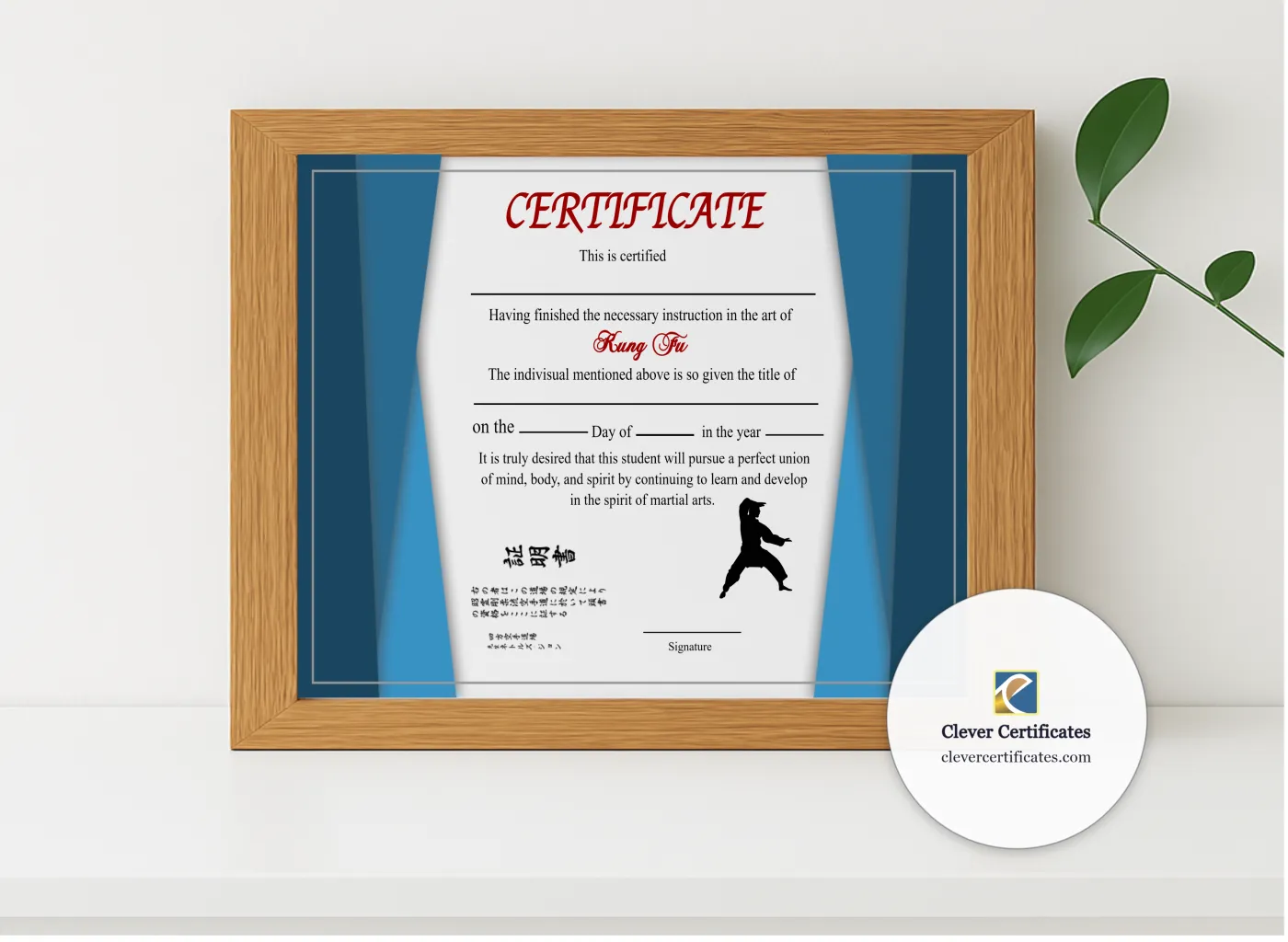 Realistic mockup featuring Printable Shin Ji Kung Fu Certificate displayed within a modern frame, set against a minimalistic background.